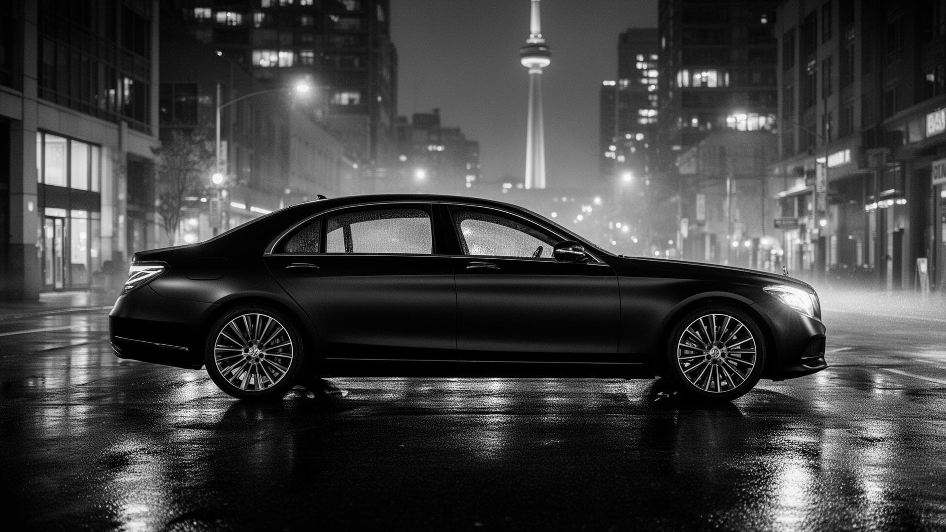 Black luxury chauffeur sedan with illuminated headlights on a city street at night
