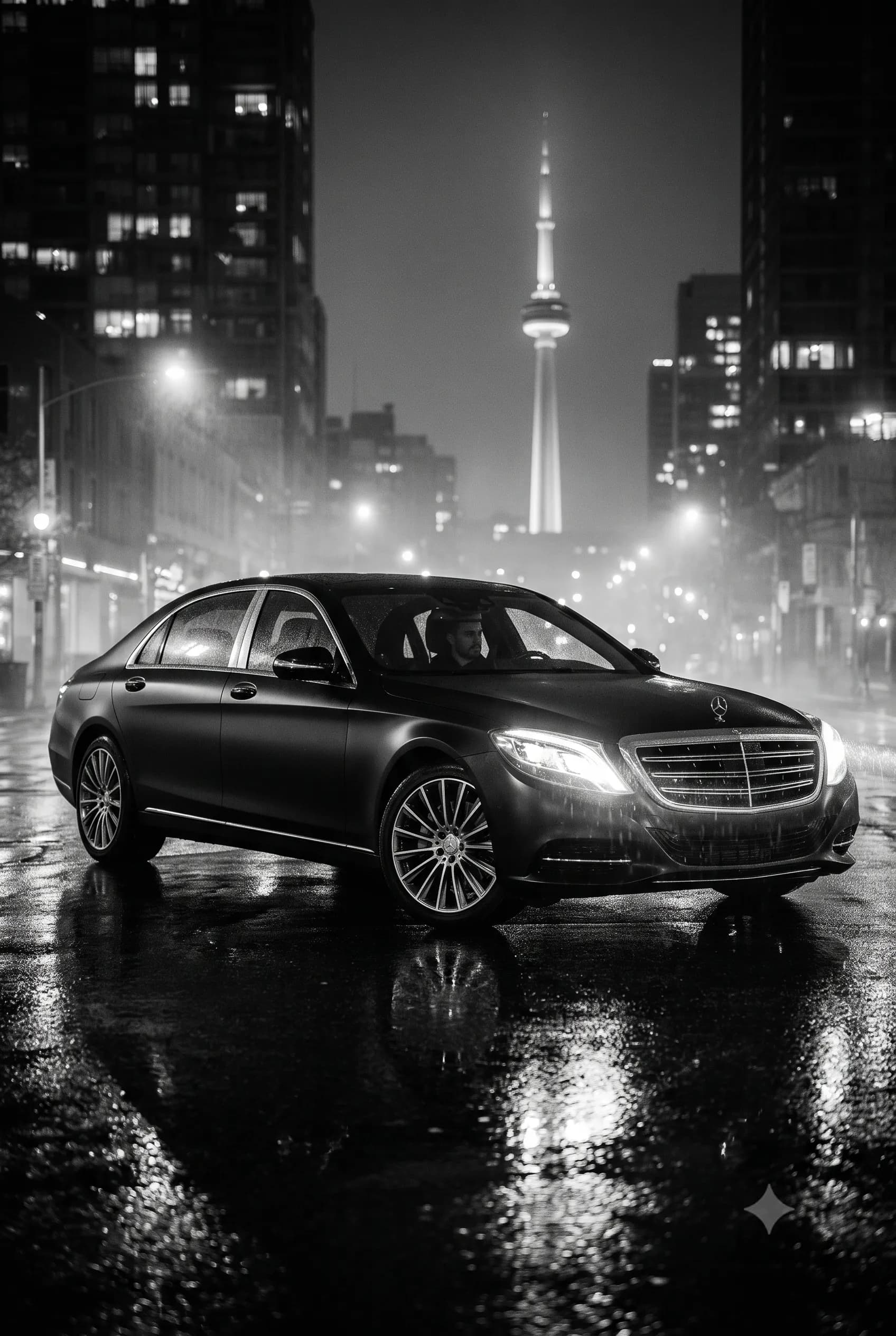 Black luxury chauffeur sedan on a rainy Toronto street at night with the CN Tower in the background